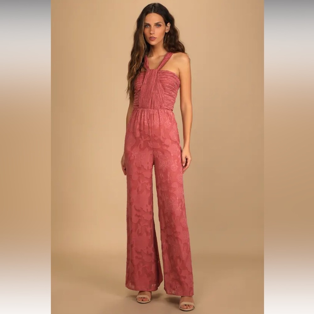 Romantic Flowy Dusty Rose Floral Burnout Halter Jumpsuit